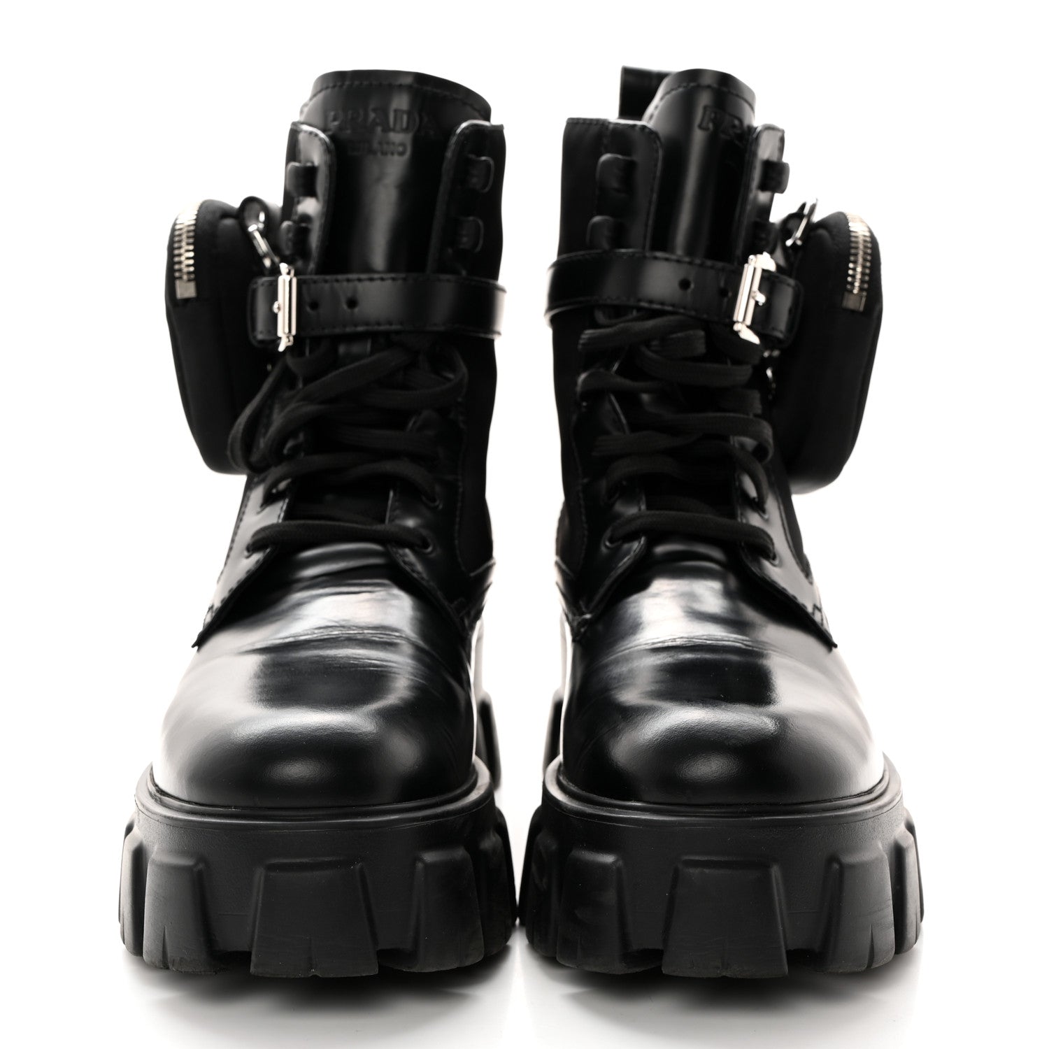 Prada Spazzolato Rois Nylon Metal Triangle Logo Monolith Pouch Pocket 55mm Boots 40 Black 2 of 16