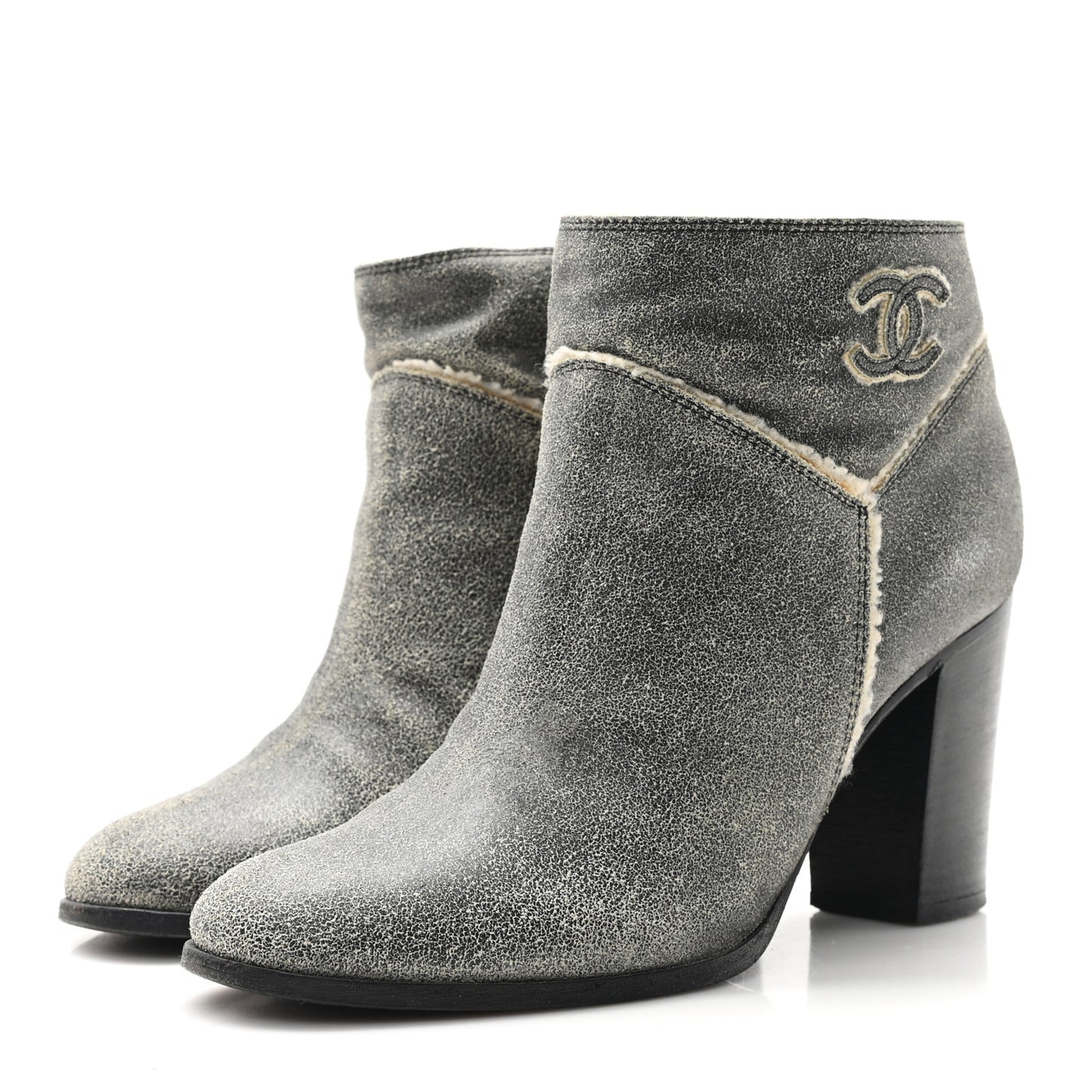 Suede Calfskin Shearling CC Ankle Boots 37 Beige