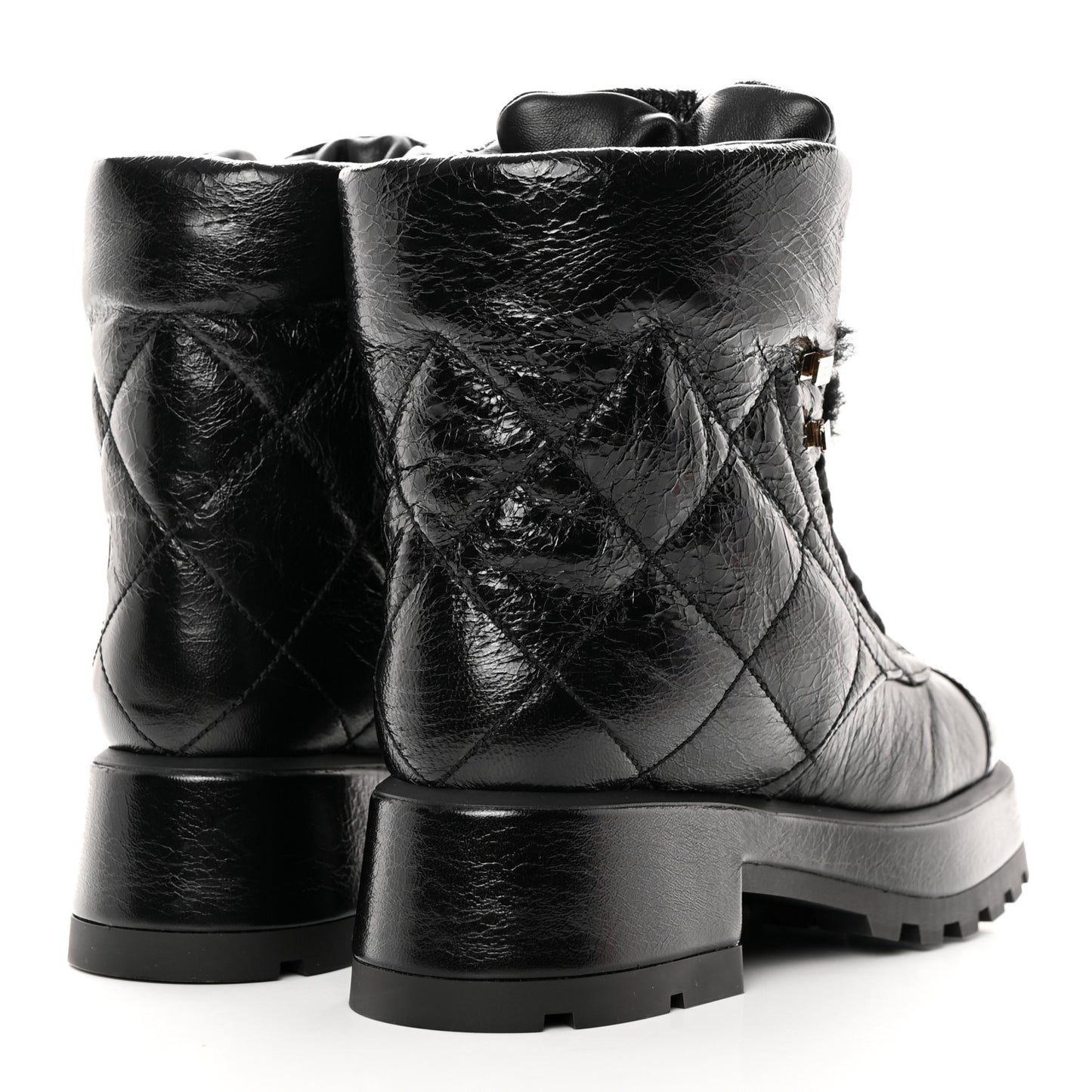 Crumpled Patent Lambskin Calfskin Quilted Lace Up Combat Boots 37.5 Black
