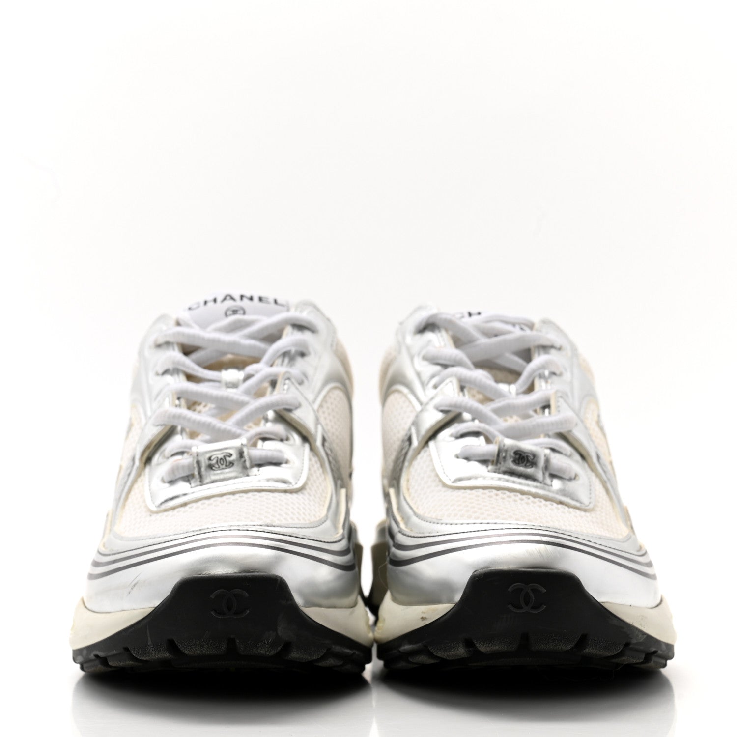 Chanel Fabric Laminated Calfskin Stretch CC Womens Sneakers 39 White Silver 2 of 10