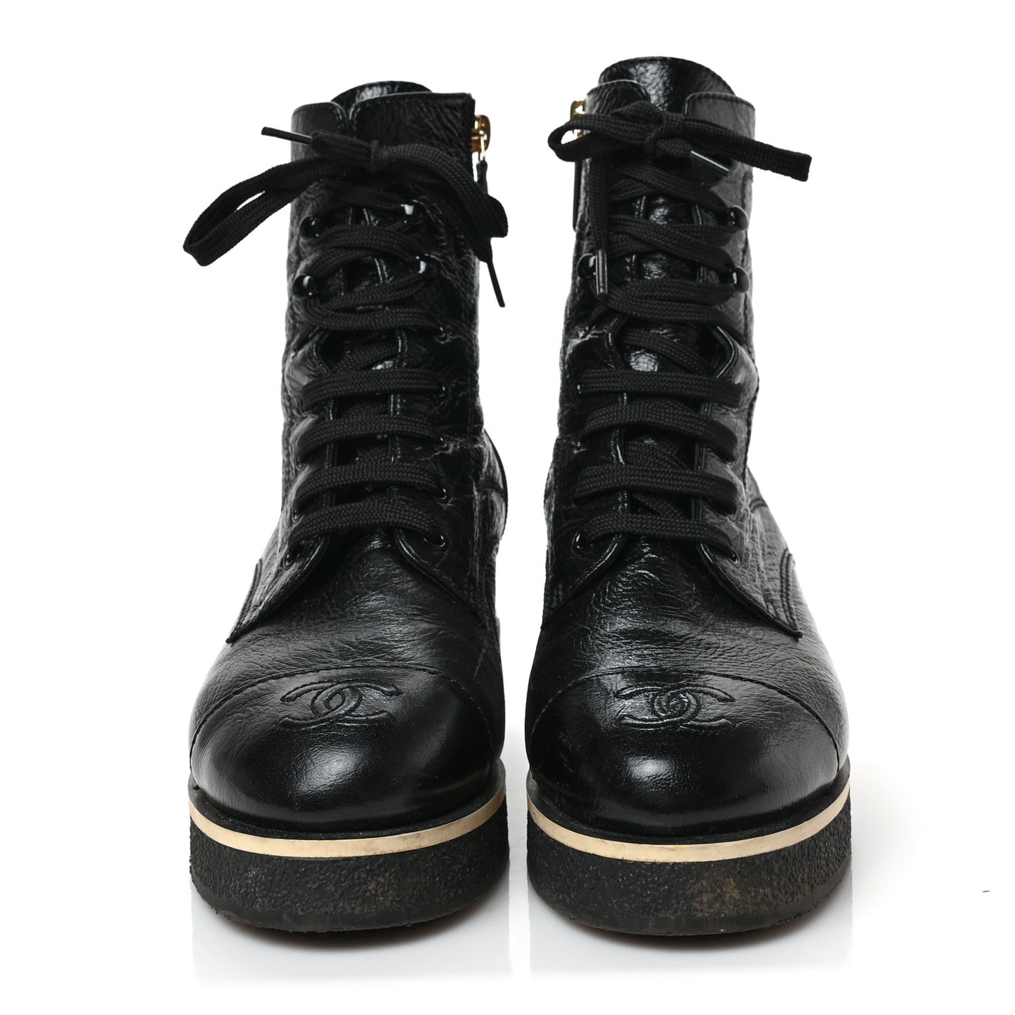 Shiny Crumpled Lambskin Lace Up Combat Boots 38 Black