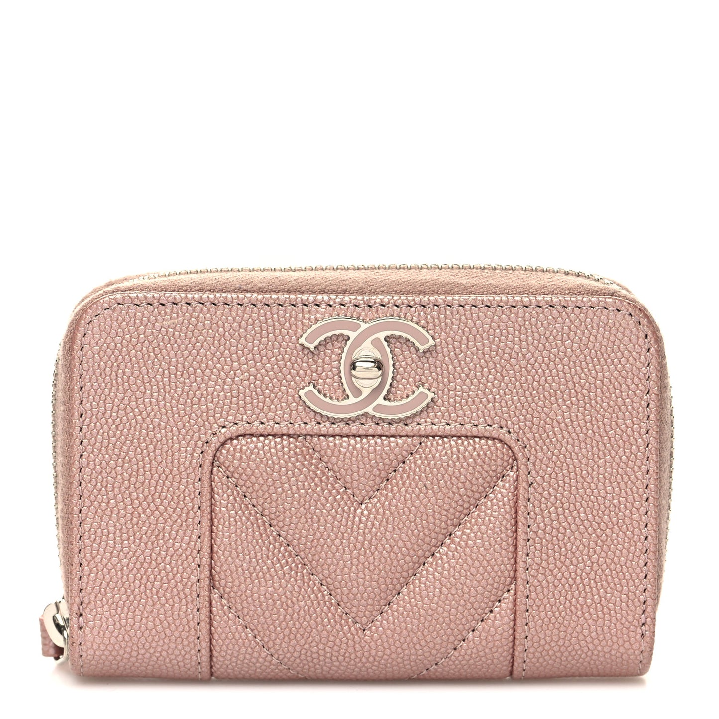 Metallic Caviar Chevron Quilted Vintage Mademoiselle Zip Coin Purse Pink