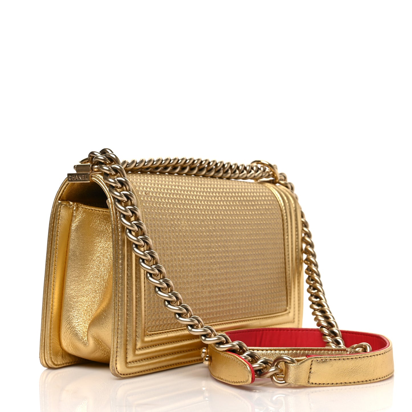 Metallic Lambskin Embossed Medium Cube Boy Flap Gold