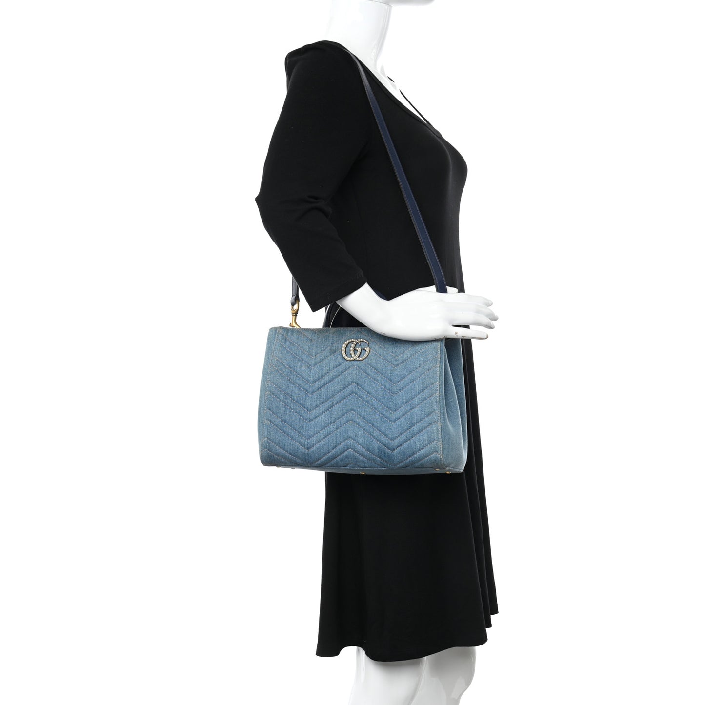 Denim Matelasse Small Pearly GG Marmont Tote Blue