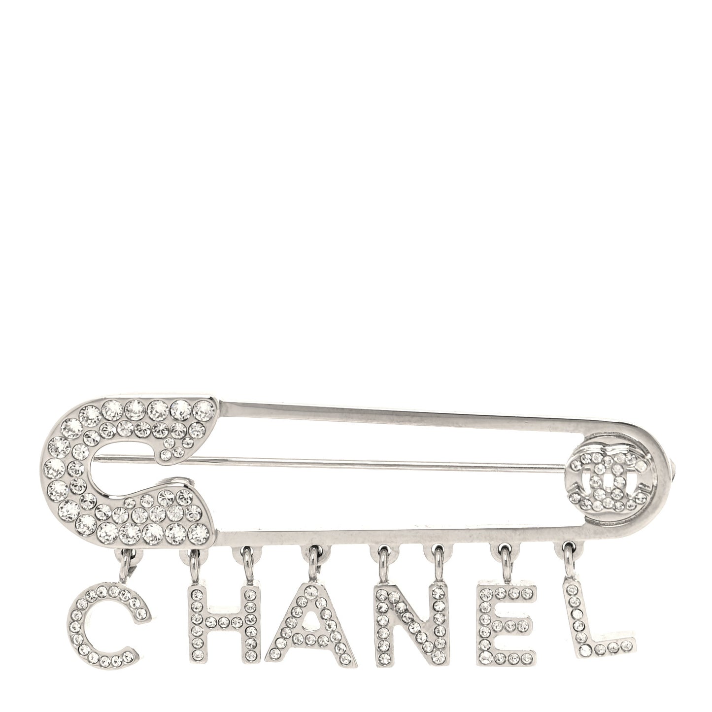 Crystal Safety Pin Brooch Silver