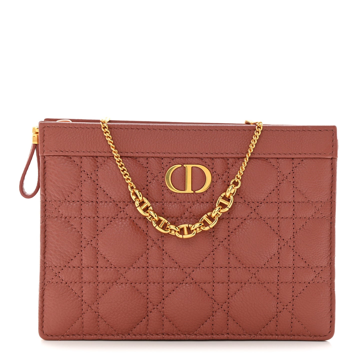 Calfskin Cannage Caro Zipped Pouch With Chain Rust