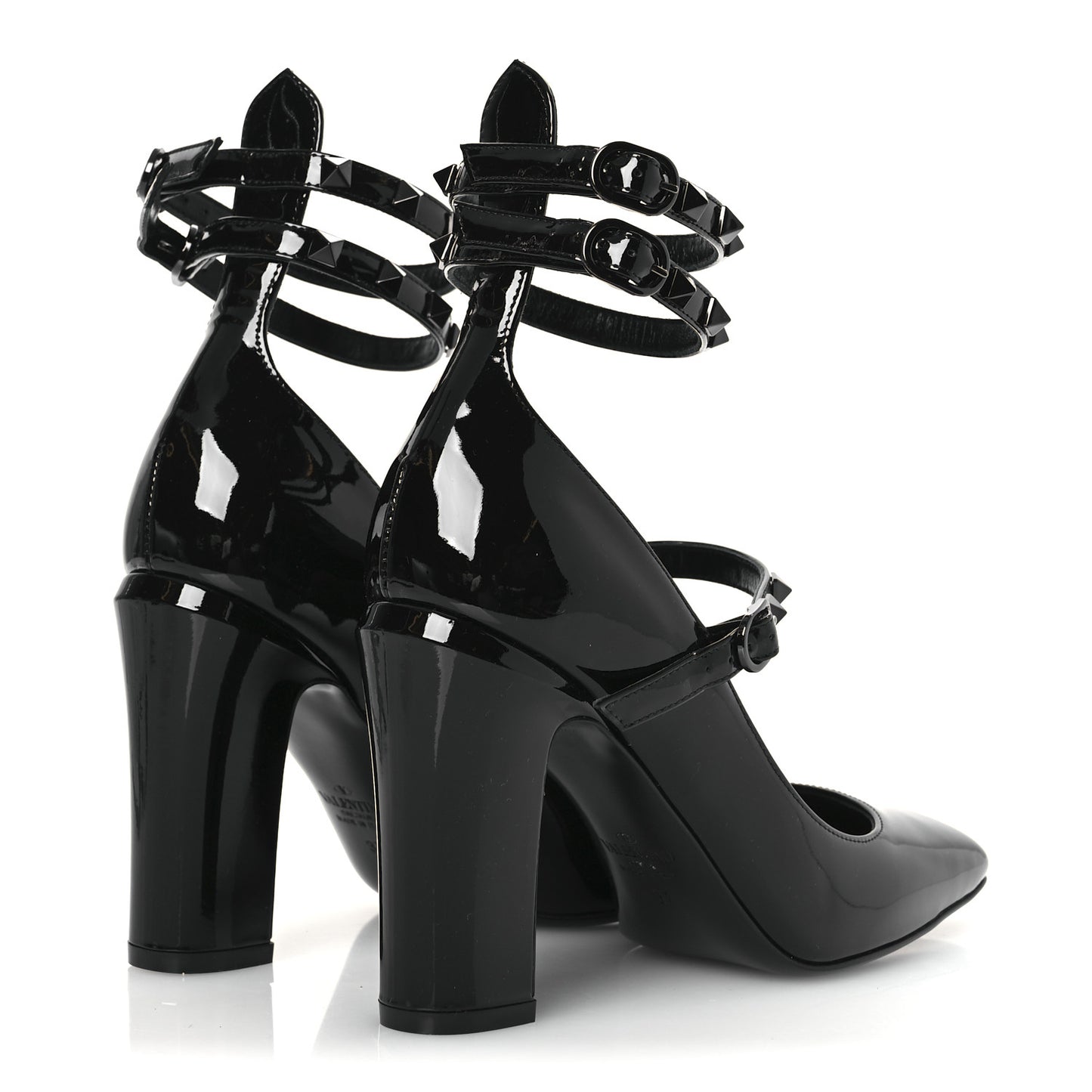 Patent Monochrome Rockstud Tan-Go Ankle Strap Pumps 37 Black