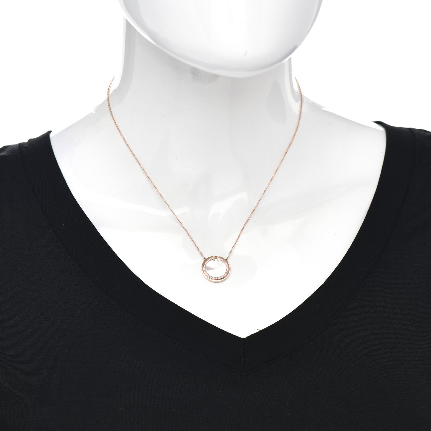 18K Rose Gold Diamond Mother of Pearl T Circle Pendant Necklace