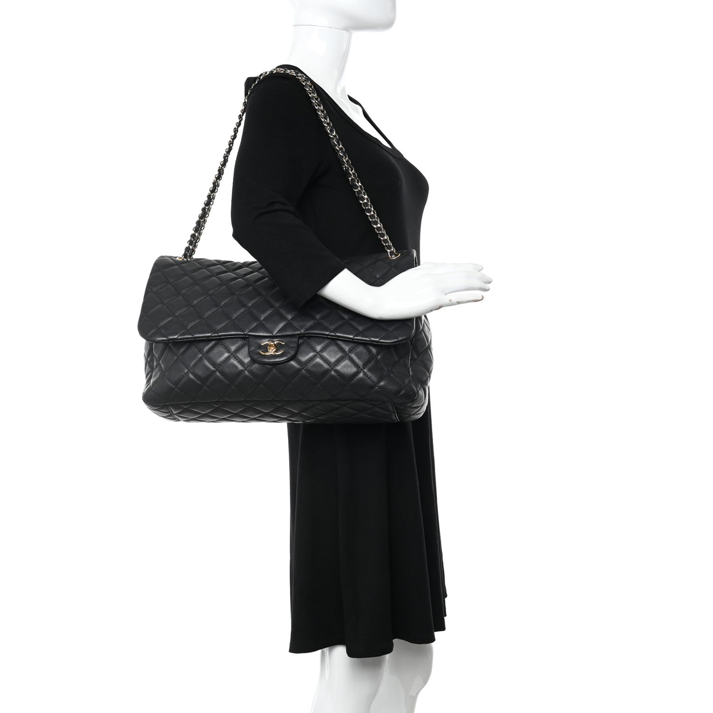 Metallized Calfskin Quilted Small XXL Travel Flap Bag Black