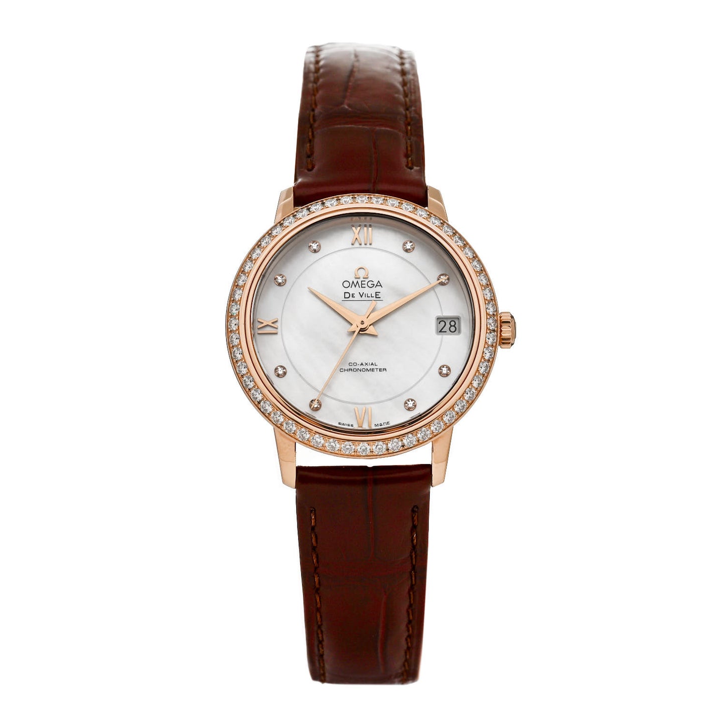18K Rose Gold Alligator Diamond Mother of Pearl 32mm De Ville Prestige Co-Axial Automatic Watch 424.58.33.20.55.002