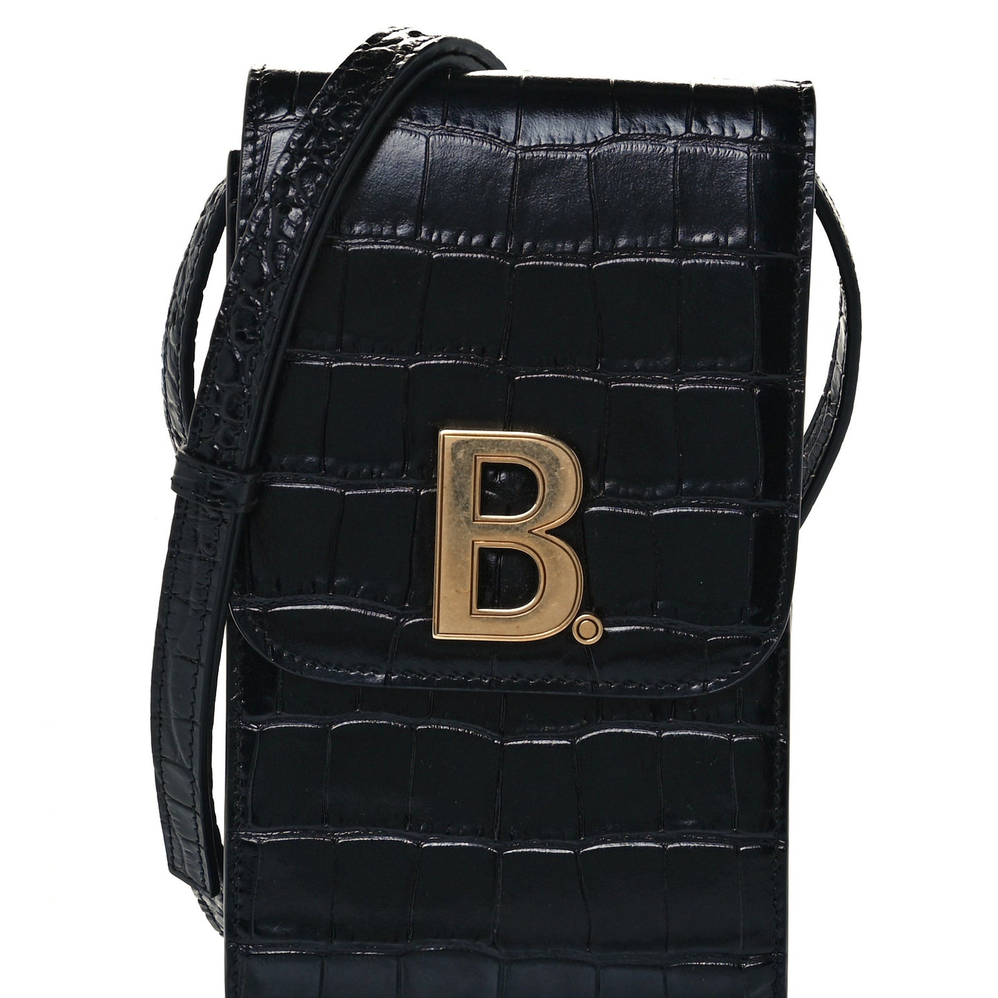 Shiny Calfskin Crocodile Embossed B Phone Holder Black