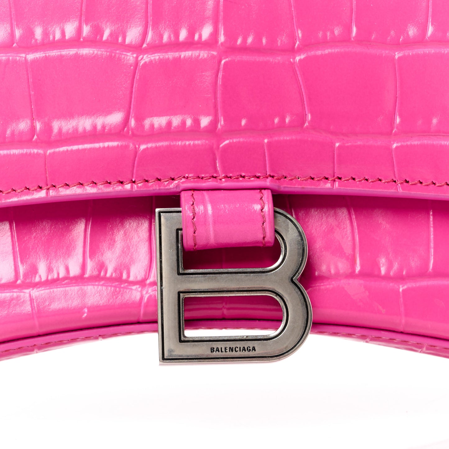 Shiny Calfskin Crocodile Embossed Small Hourglass Top Handle Bag Fuchsia