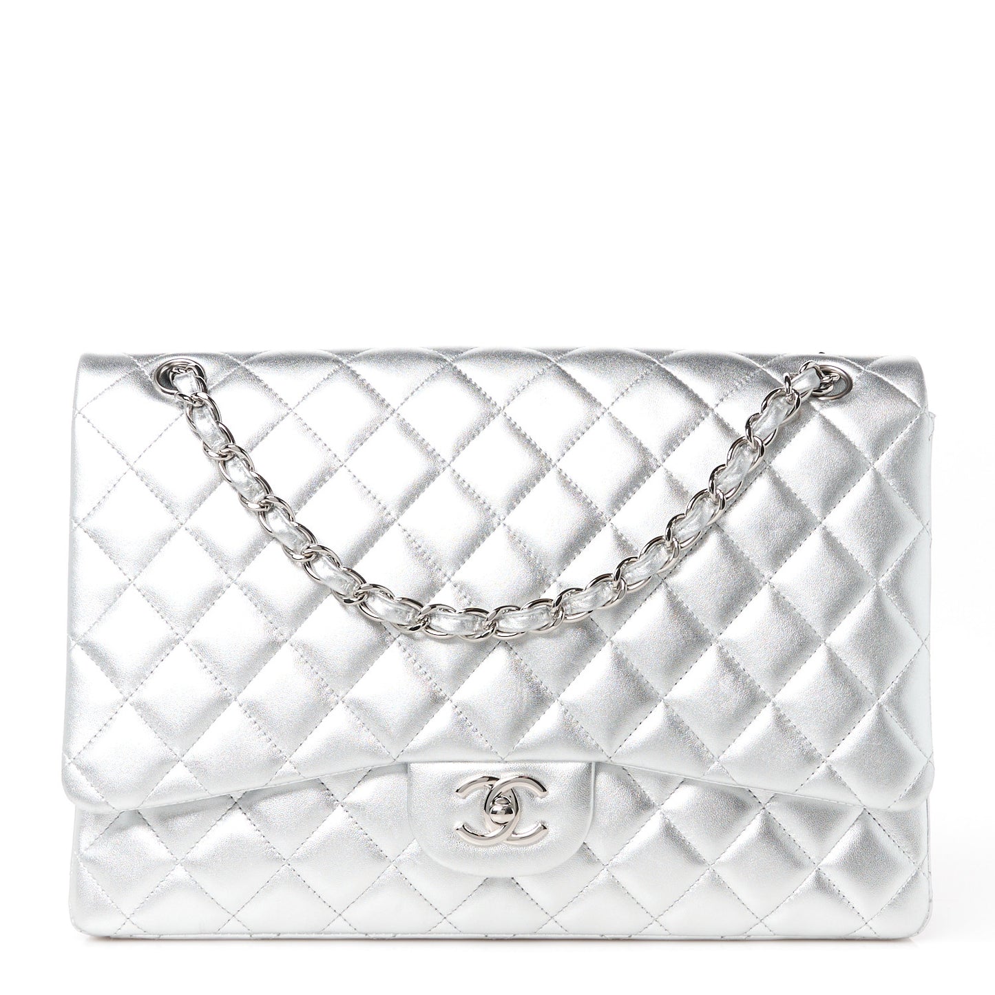 Metallic Lambskin Quilted Maxi Single Flap Silver