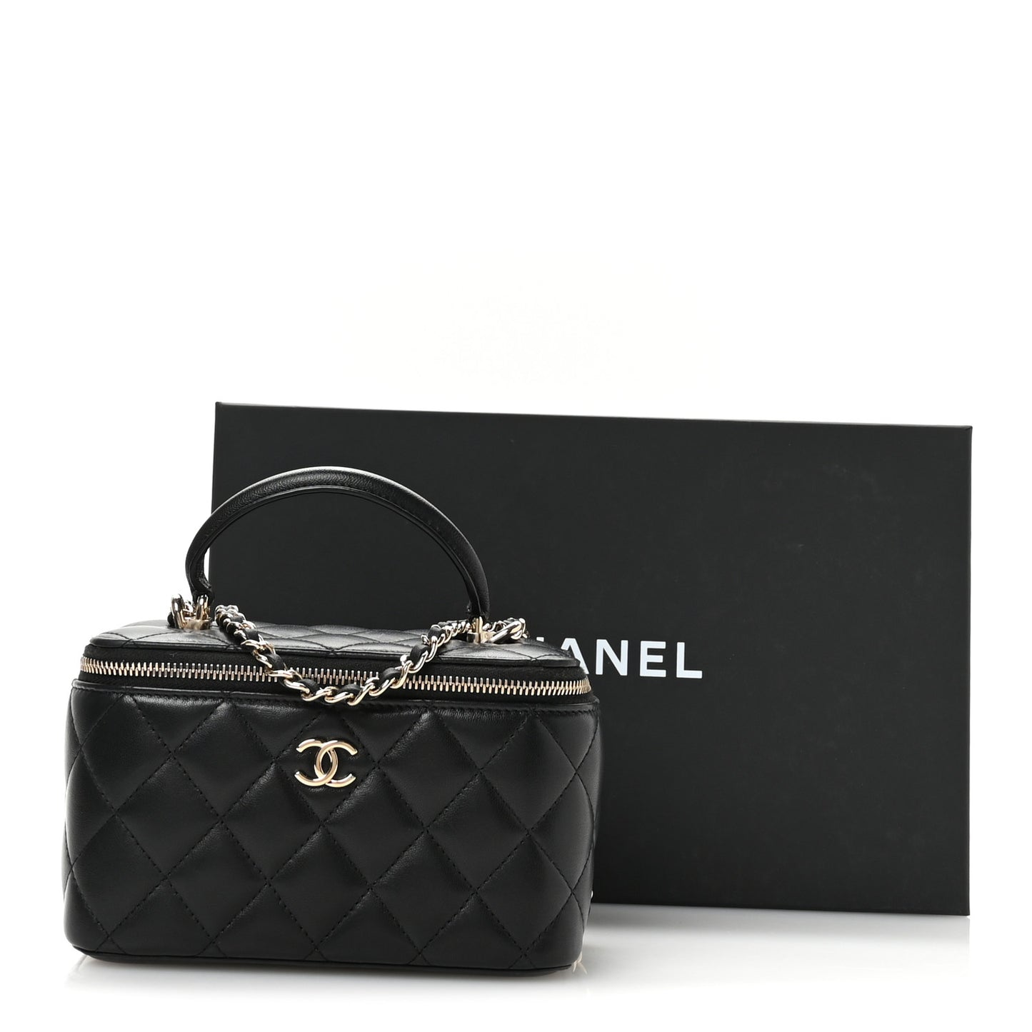 Lambskin Quilted Small Top Handle Vanity Case With Chain Black