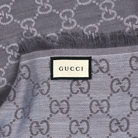 Wool Silk Monogram GGWeb Fringe Shawl Pearl Medium Grey