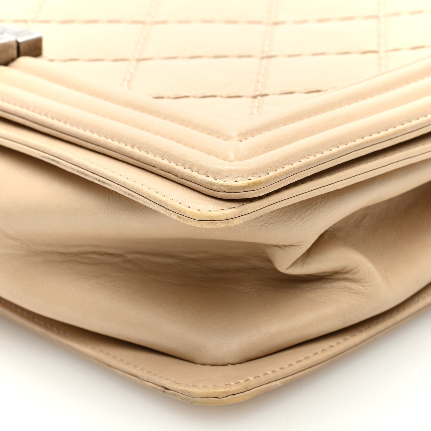Calfskin Quilted Double Stitch New Medium Boy Flap Beige