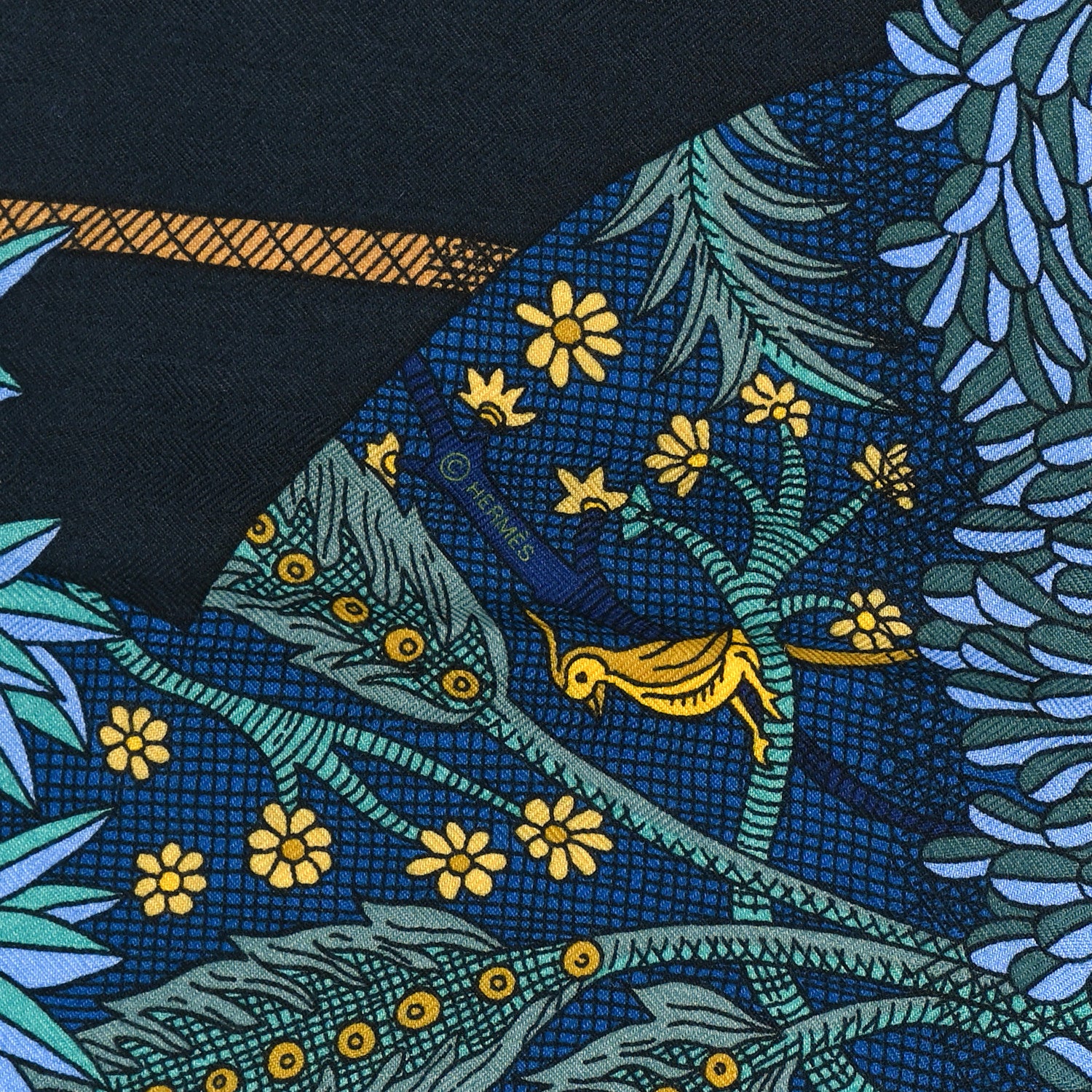 Hermes Cashmere Silk Acte III Scene I La Clairiere Shawl 140 Bleu Nuit Jaune 3 of 4