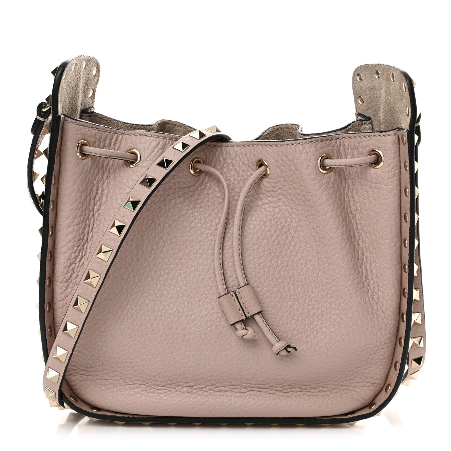 Grained Calfskin Rockstud Bucket Bag Poudre