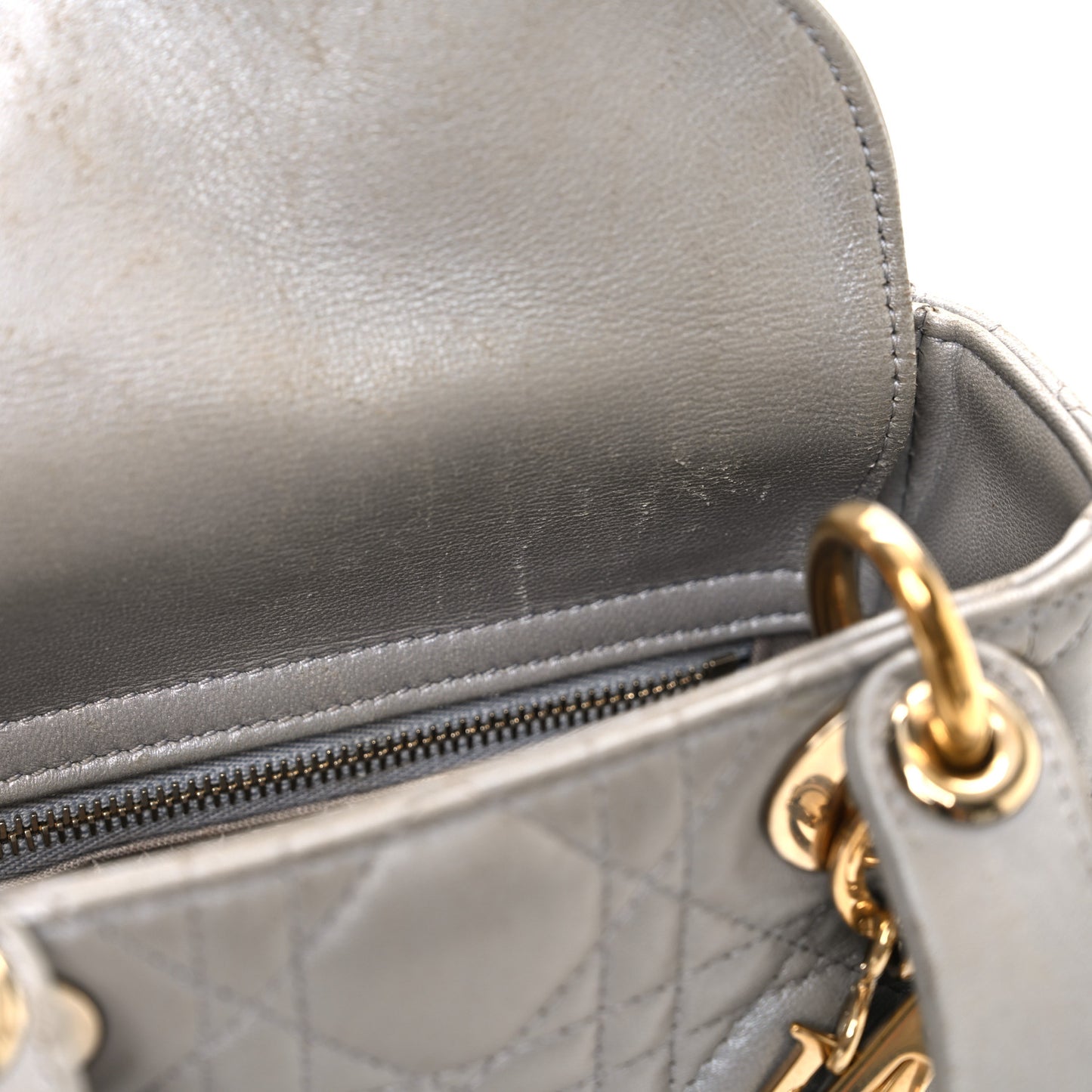 Metallic Lambskin Cannage Mini Lady Dior Grey