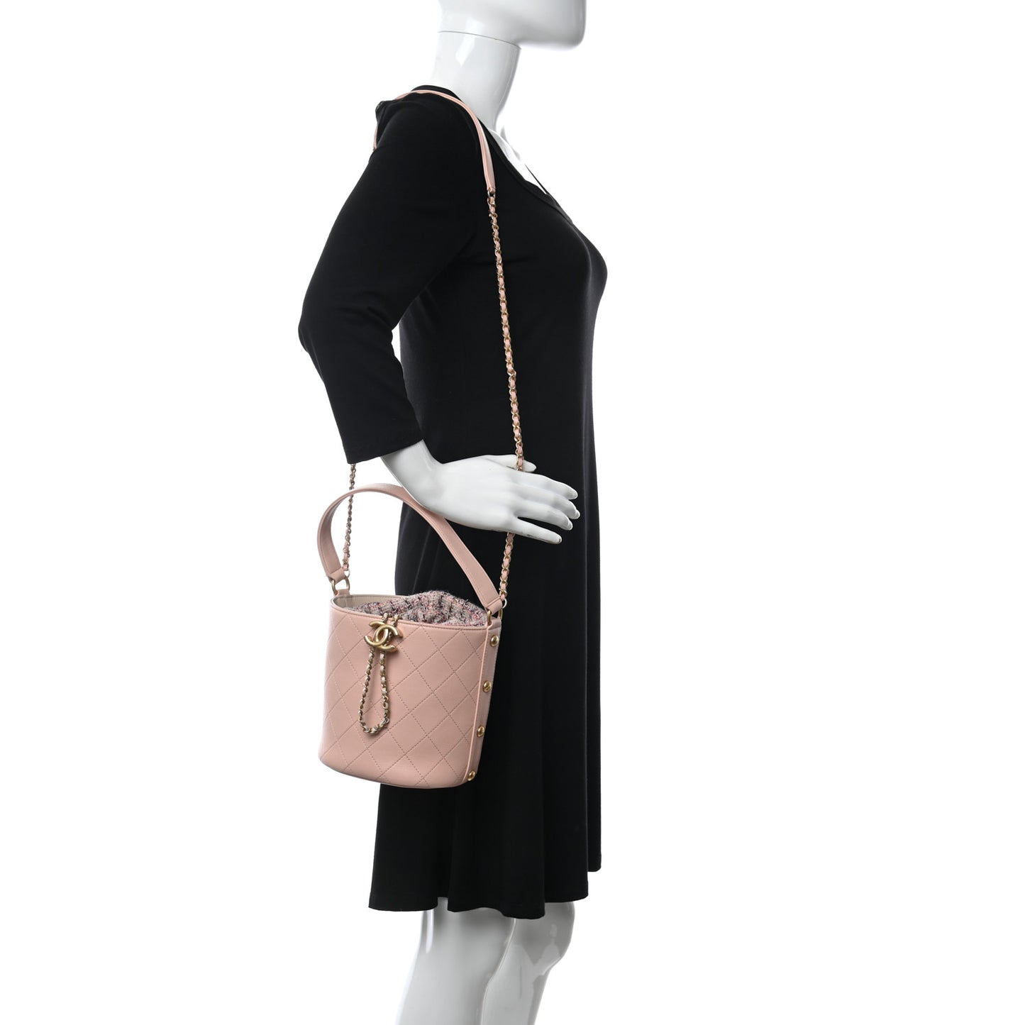 Calfskin Tweed Small CC Chain Bucket Drawstring Bag Light Pink