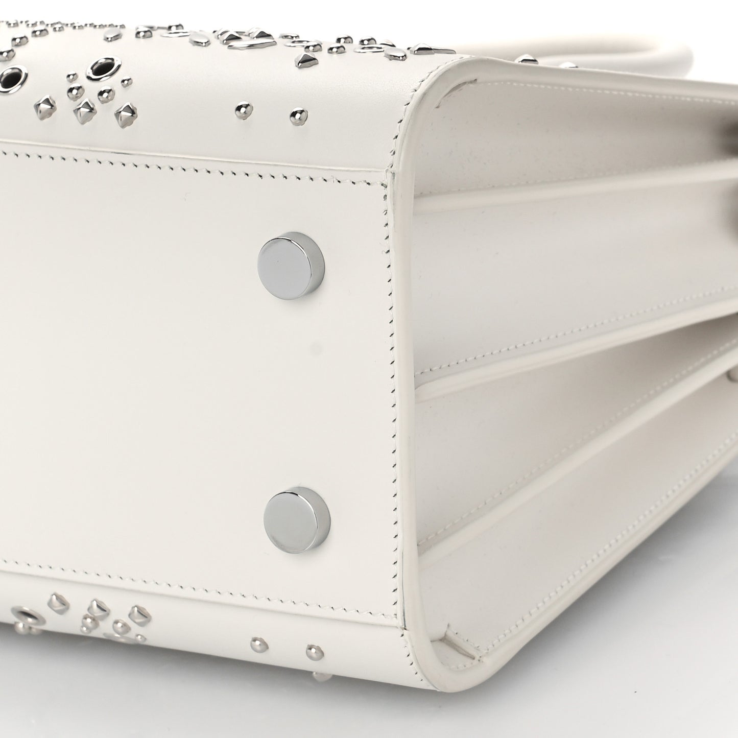 Calfskin Perforated Studded Baby Sac De Jour White