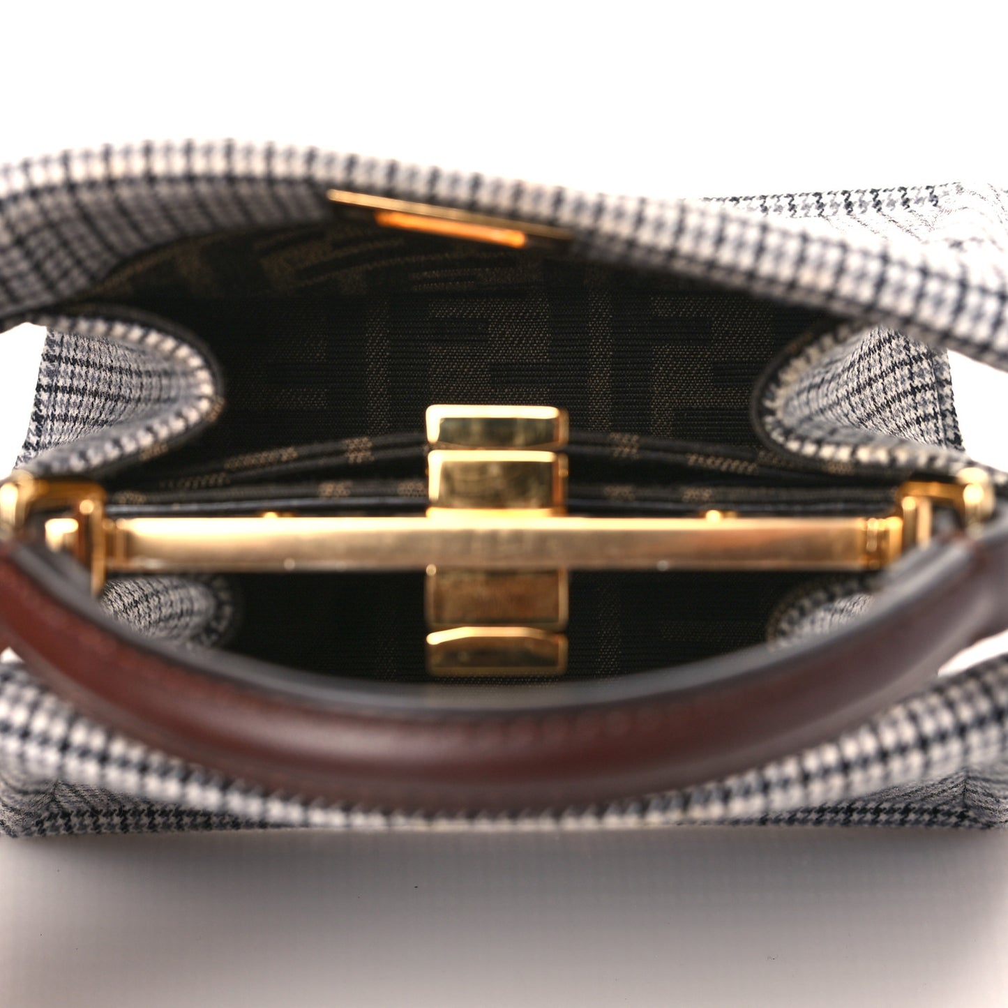 Wool Fabric Jacquard Cuoio Small Houndstooth FF 1974 Petite Peekaboo I SEE U Satchel Grey Black