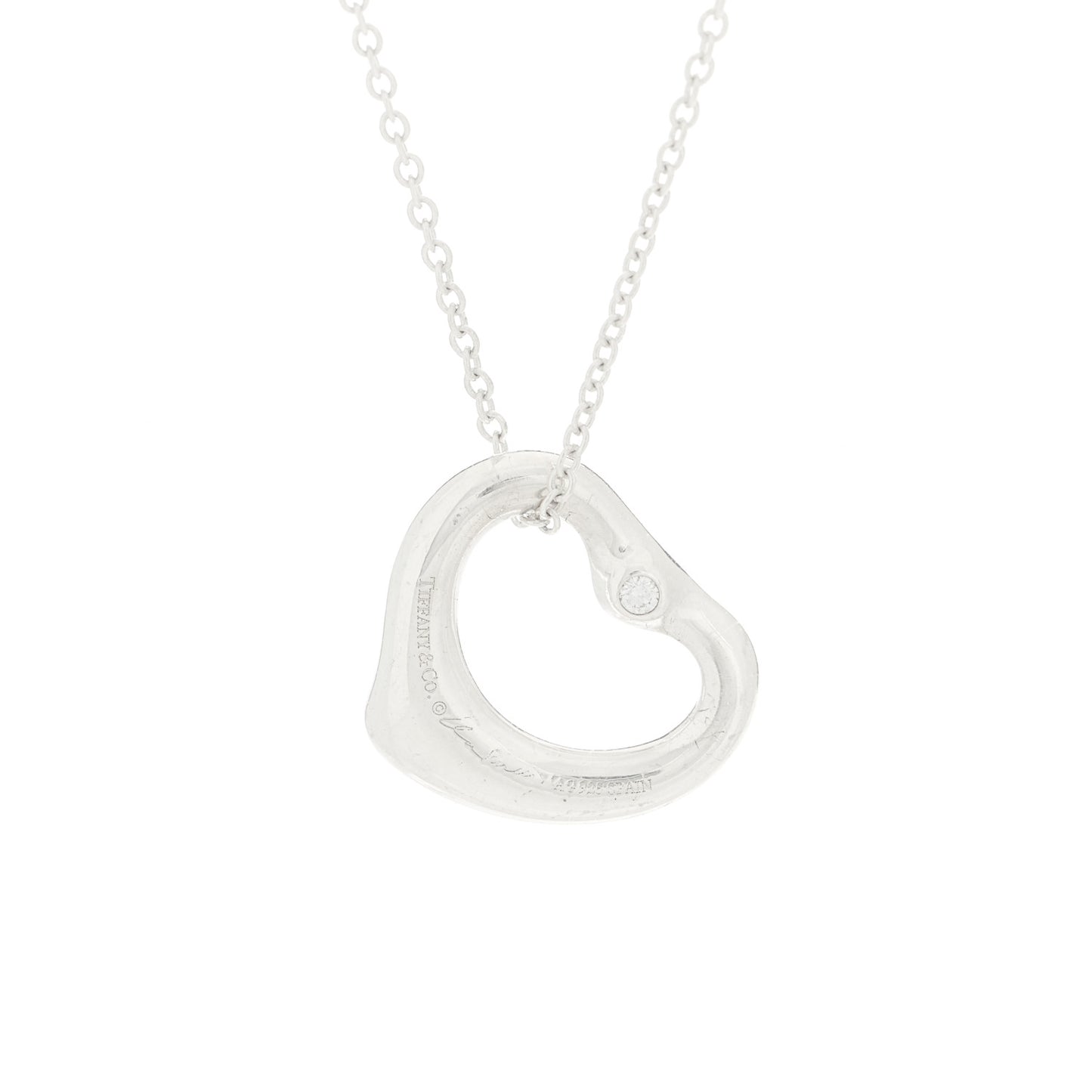 Sterling Silver Diamond 16mm Elsa Peretti Open Heart Pendant Necklace