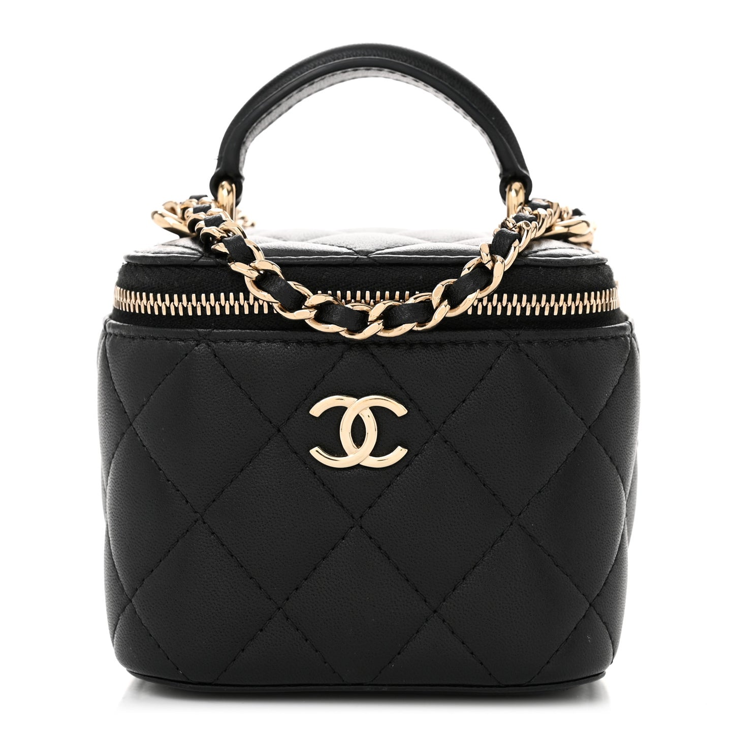 Lambskin Quilted Top Handle Mini Vanity Case With Chain Black