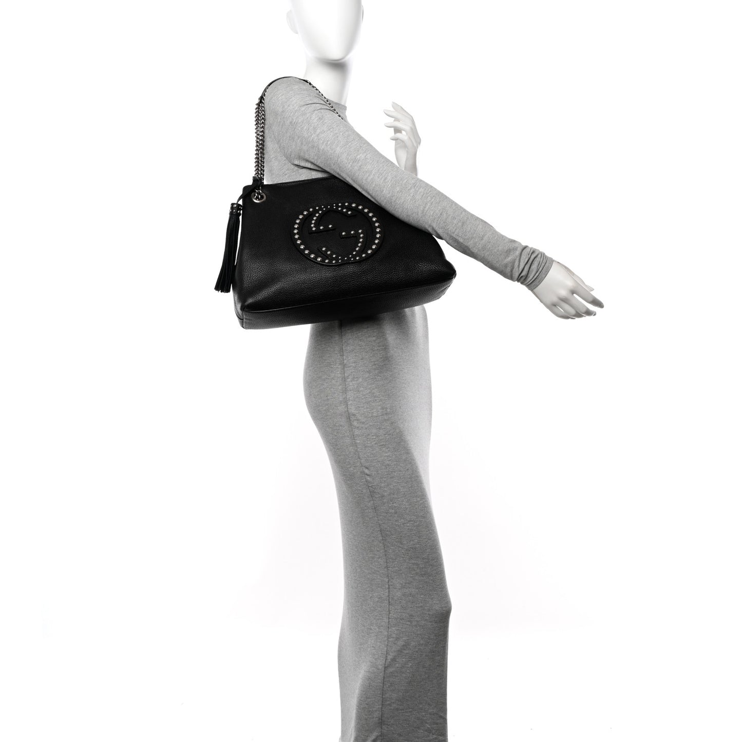 Pebbled Calfskin Studded Medium Soho Chain Shoulder Bag Black