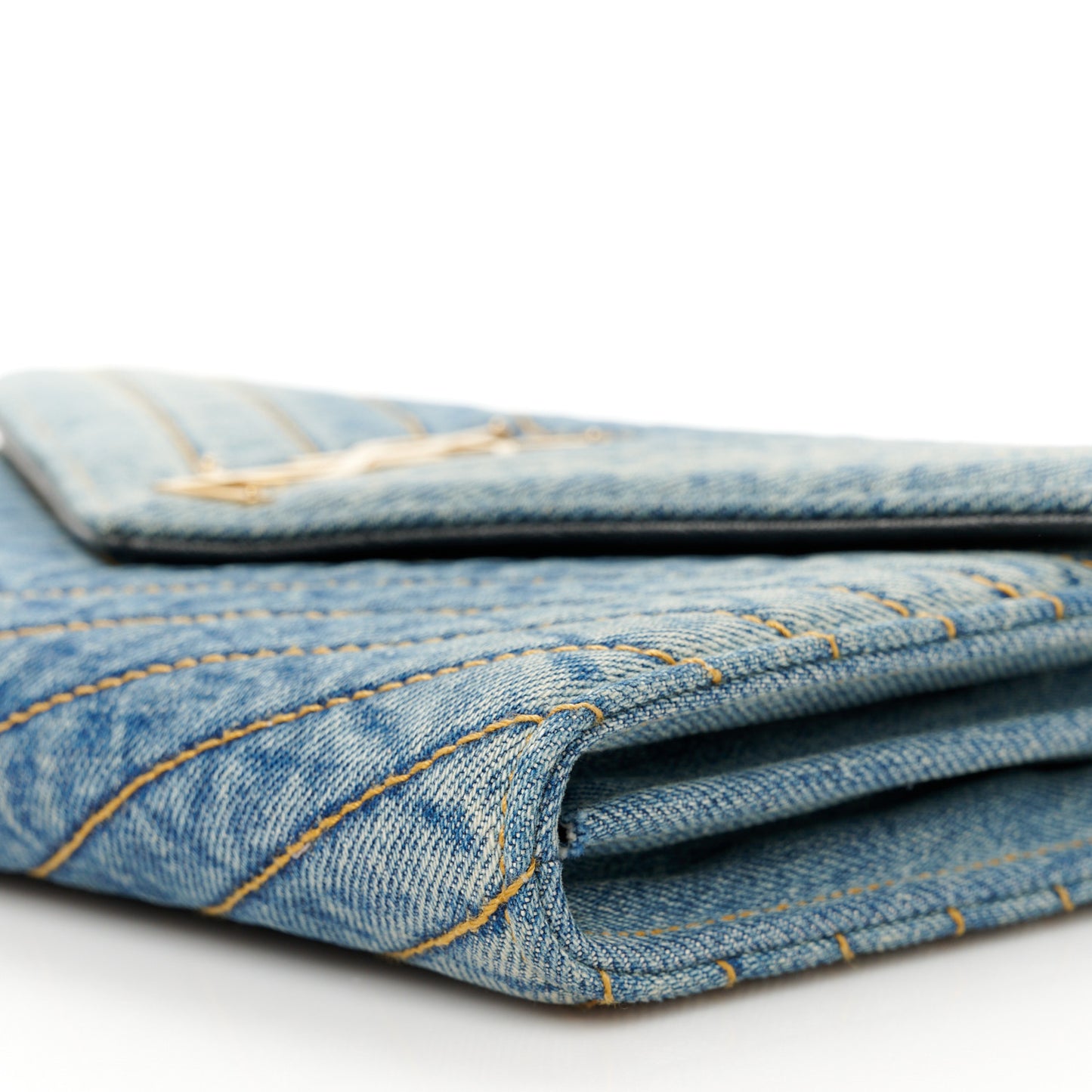 Denim Matelasse Chevron Monogram Chain Wallet Blue Jeans