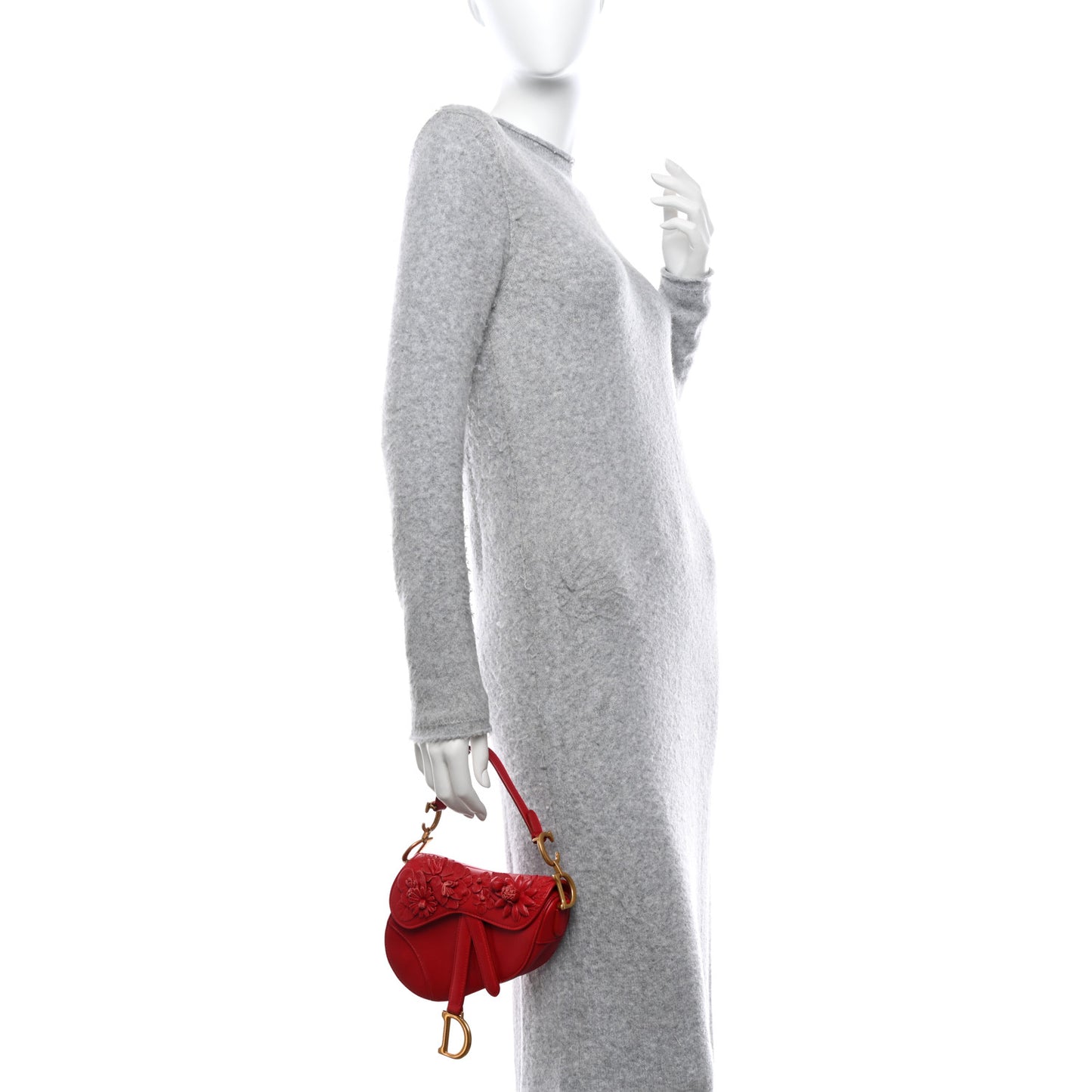 CHRISTIAN DIOR Lambskin Mini 3D Floral Saddle Bag Red