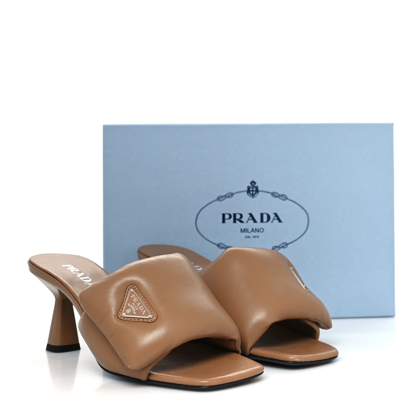 Nappa Soft Padded Metal Triangle Logo 65mm Slide Sandals 41 Caramel