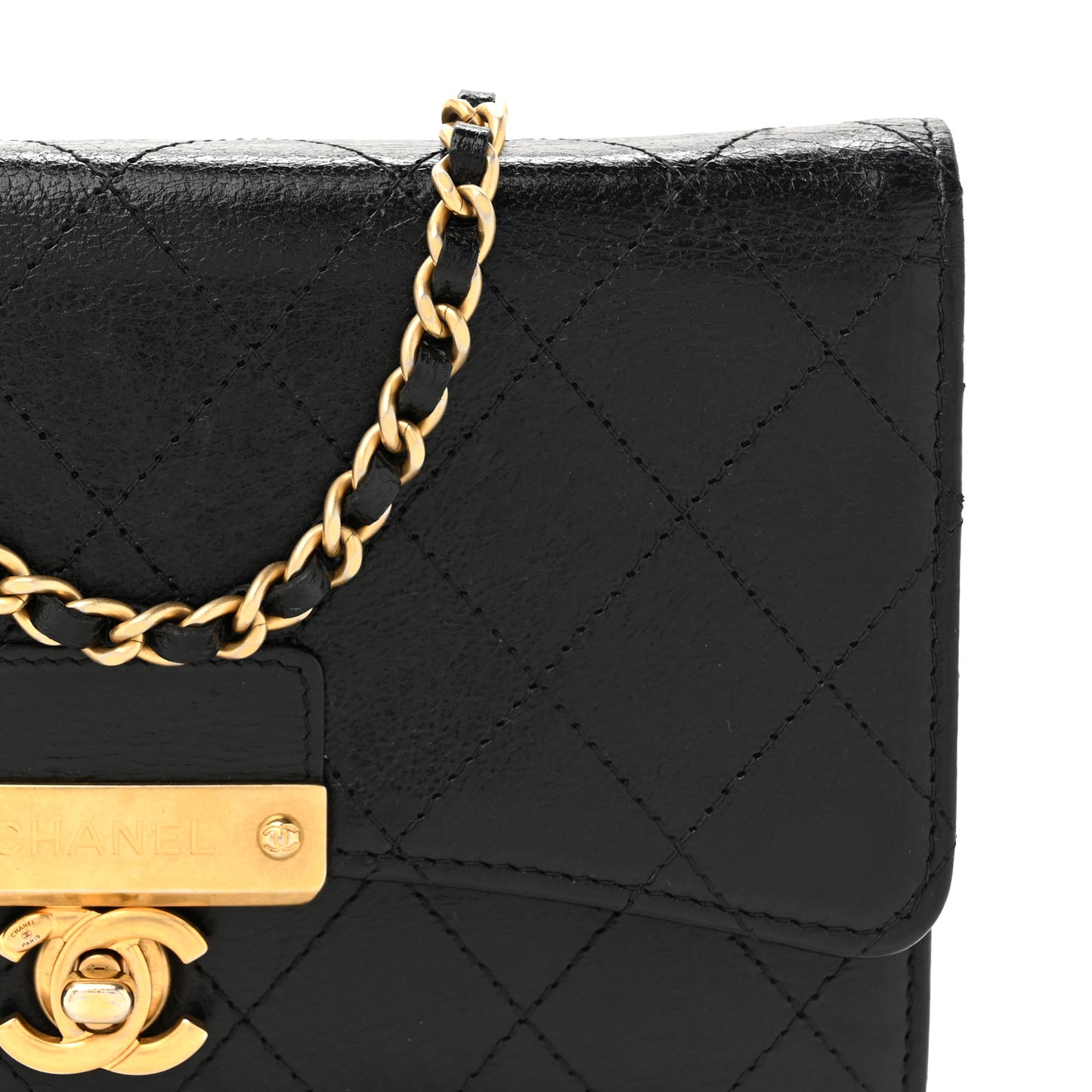 Goatskin Stitched Golden CC Wallet on Chain WOC Black