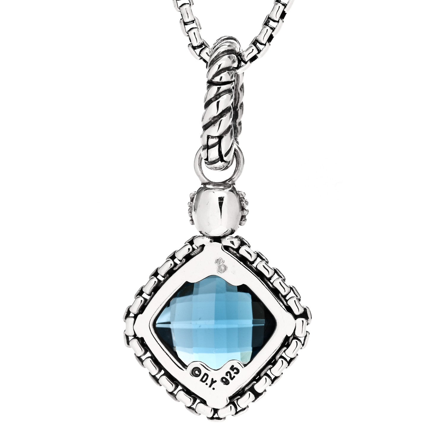 David Yurman Sterling Silver Diamond Hampton Blue Topaz 13mm Cushion on Point Pendant Necklace 4 of 4