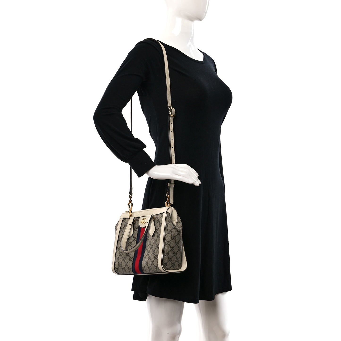 GG Supreme Monogram Textured Dollar Calfskin Web Small Ophidia Tote Bag Beige Ebony Mystic White