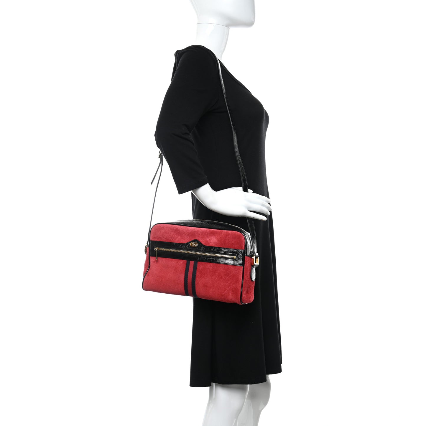 Suede Patent Web Small Ophidia Shoulder Bag Hibiscus Red Black