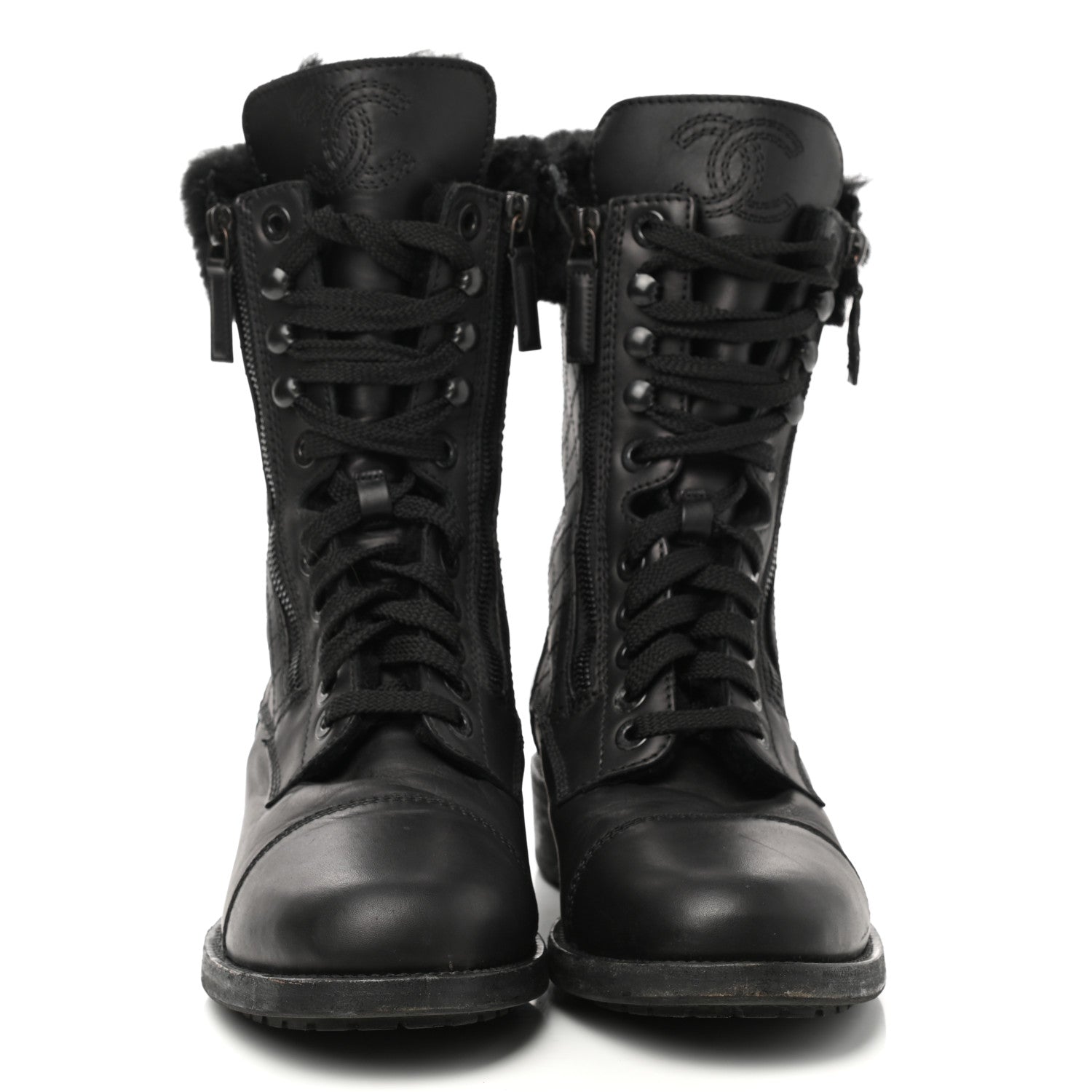 Chanel Calfskin Shearling Quilted Cap Toe Combat Boots 39.5 Black 2 of 9