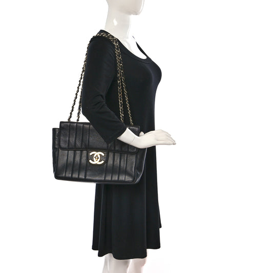 Lambskin Vertical Quilt Jumbo Single Flap Black