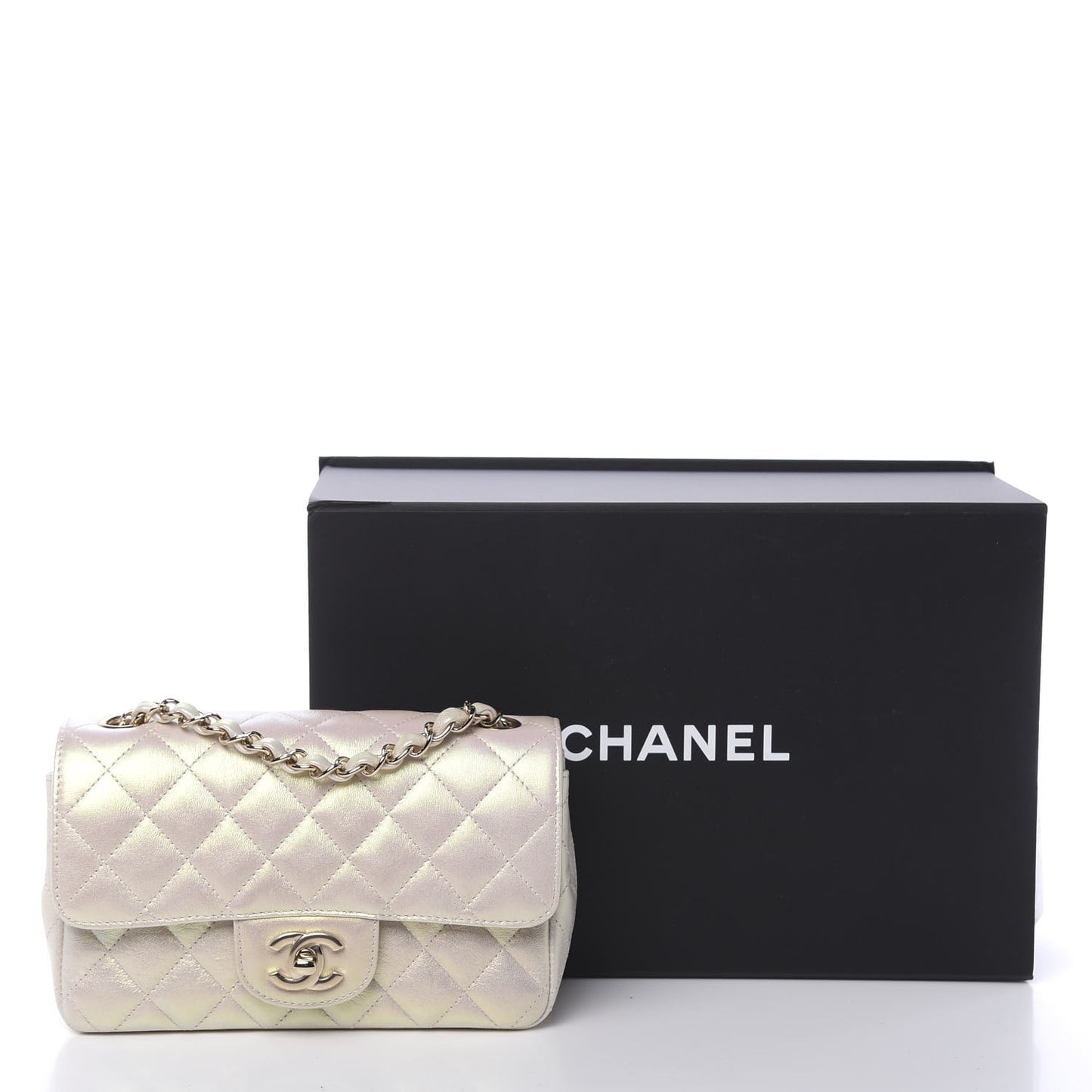 Iridescent Lambskin Quilted Mini Rectangular Flap Ivory