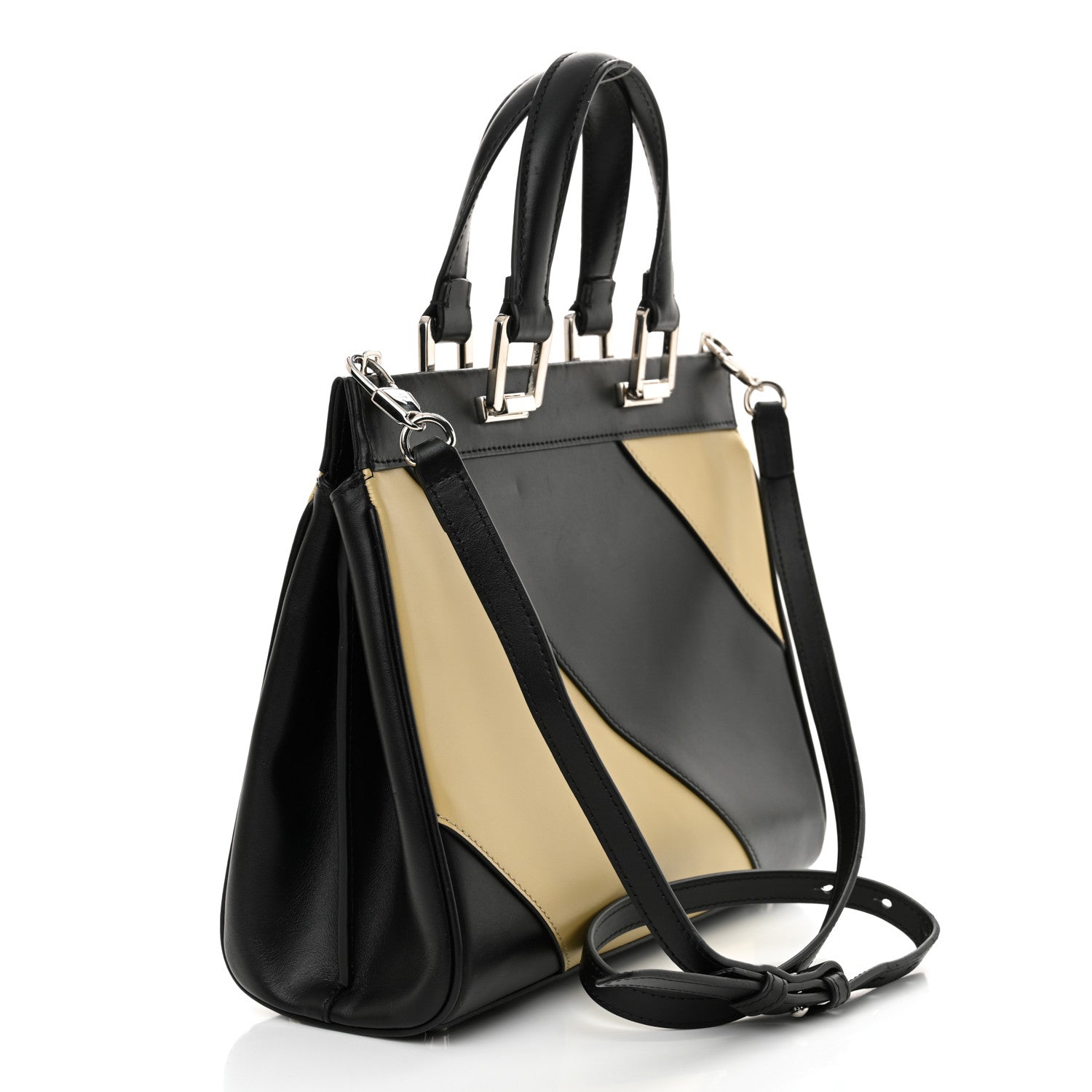Gucci Smooth Calfskin Diagonal Striped Small Zumi Top Handle Bag Black Beige 3 of 11
