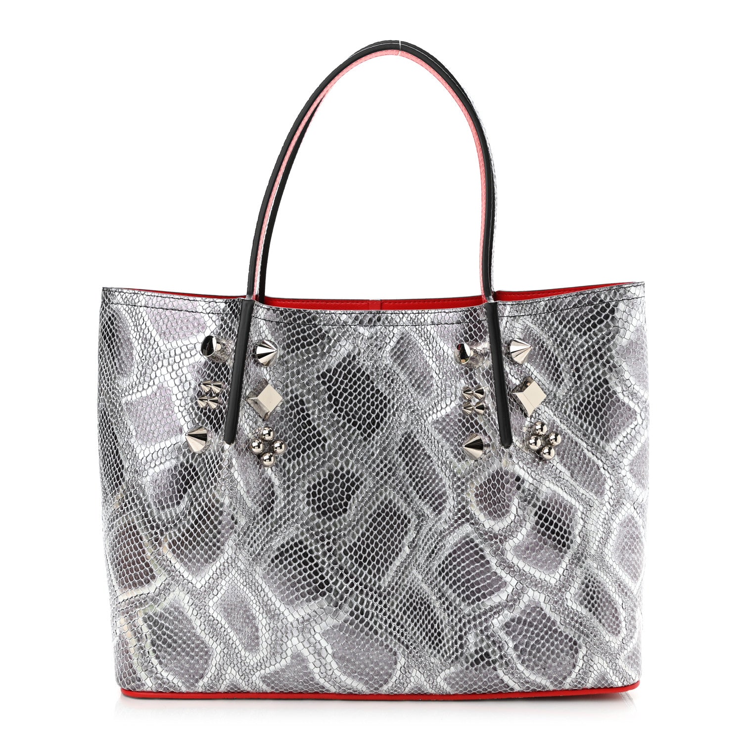 Christian Louboutin Python Embossed Calfskin Spiked Small Cabarock Shopper Tote Silver 1 of 8