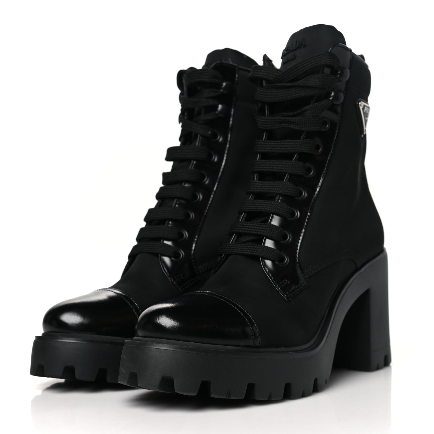 Spazzolato Re-Nylon Metal Triangle Logo Lace Up 55mm Ankle Boots 39 Black