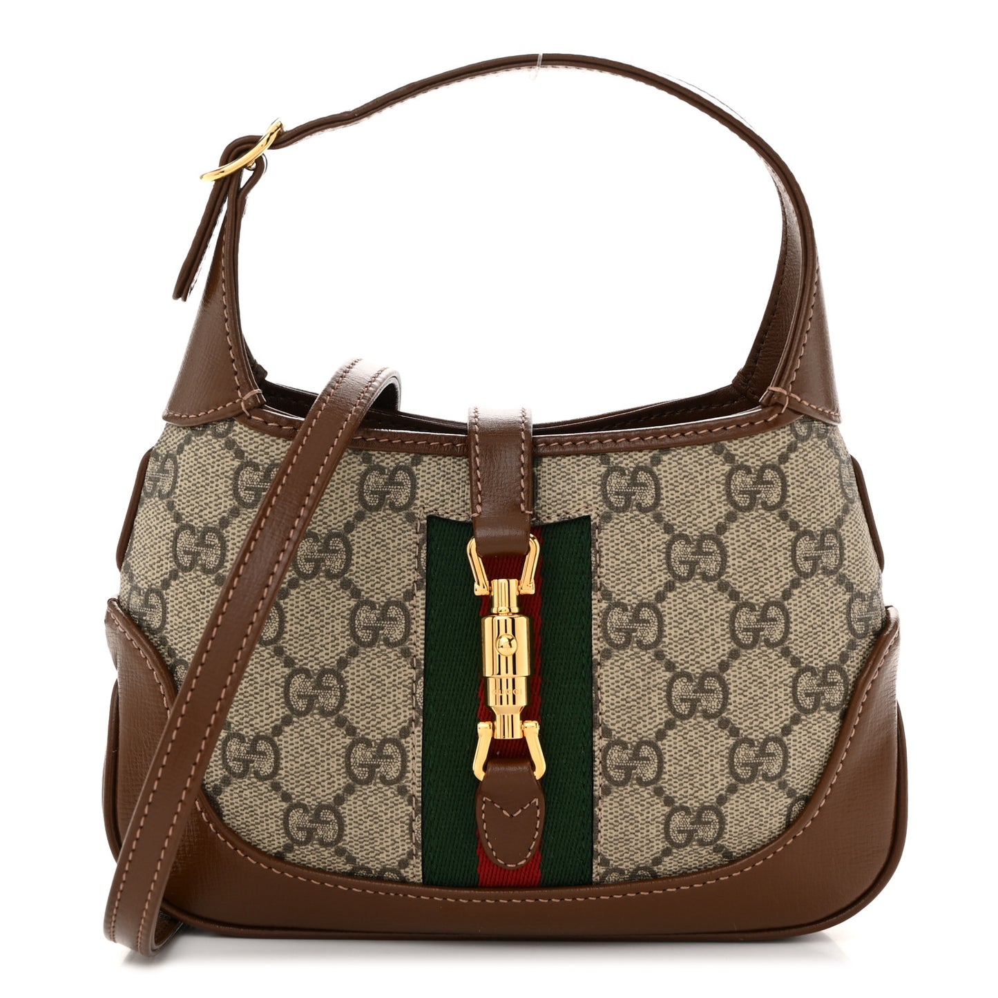 GG Supreme Monogram Azalea Calfskin Web Mini Jackie 1961 Hobo Beige Ebony Brown Sugar