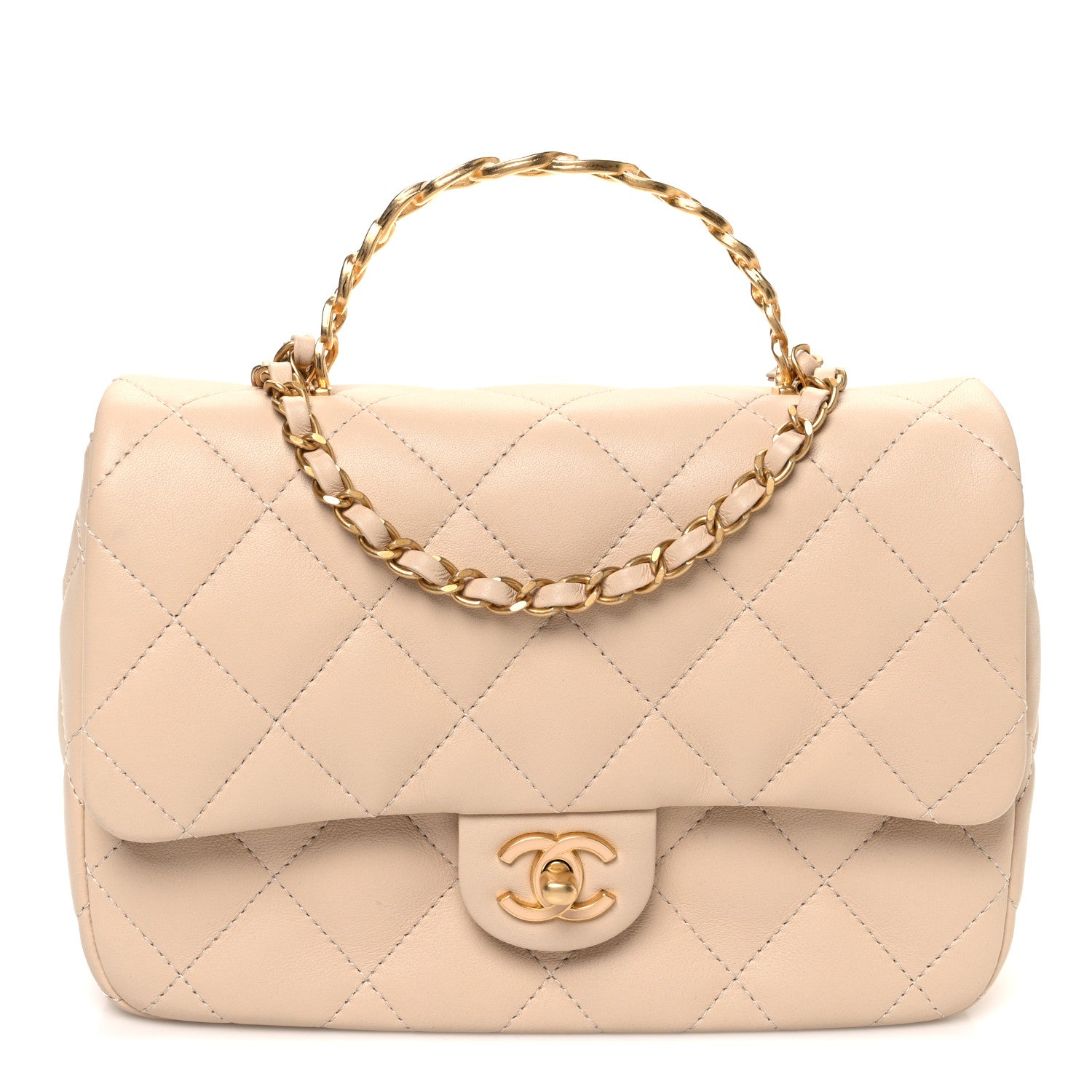 Chanel Lambskin Quilted Metal Enamel Chain Top Handle Square Flap