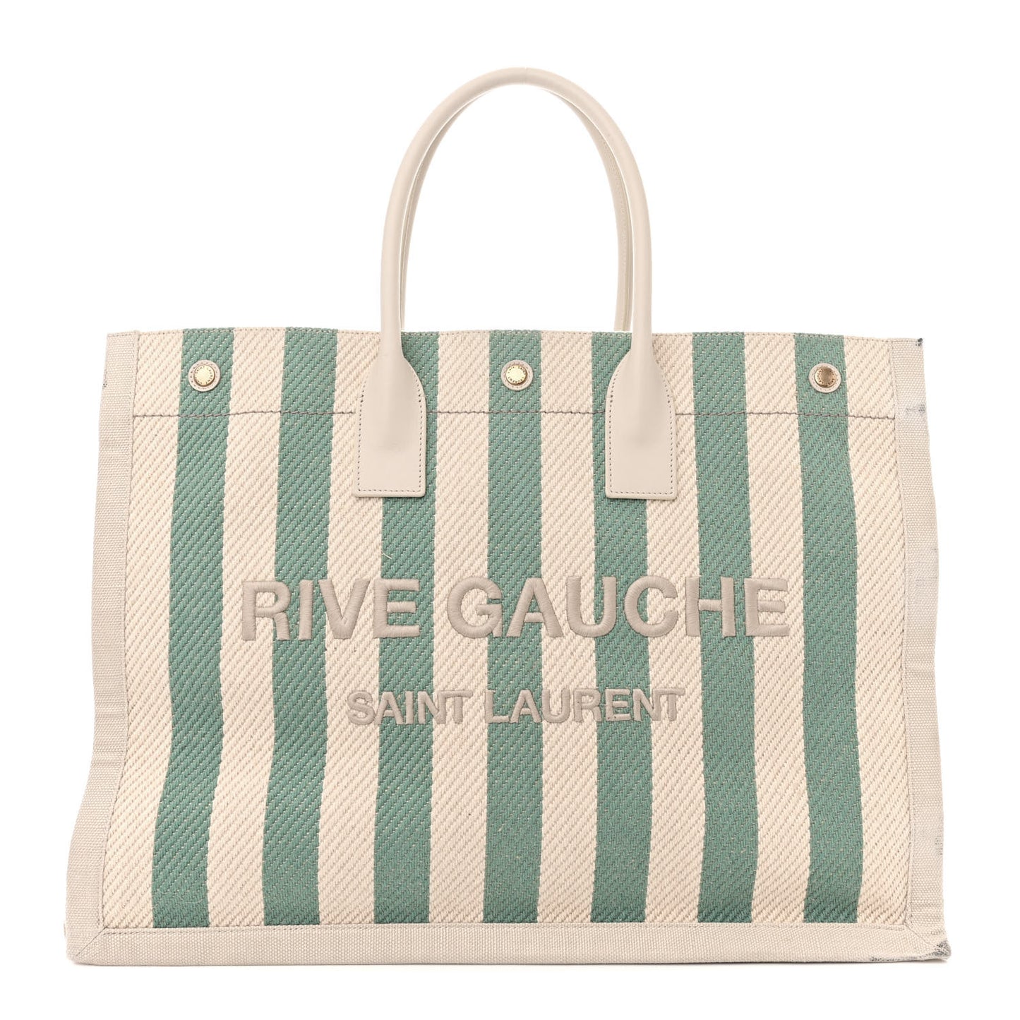 Cotton Linen Calfskin Striped Rive Gauche Tote Water Green