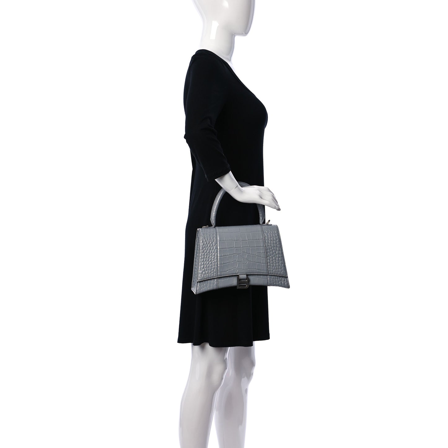 Shiny Calfskin Crocodile Embossed Medium Hourglass Top Handle Bag Balenciaga Grey