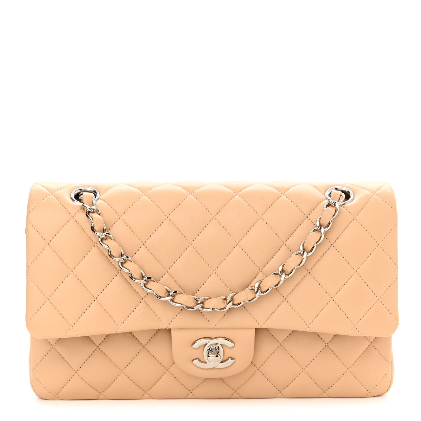 Lambskin Quilted Medium Double Flap Beige