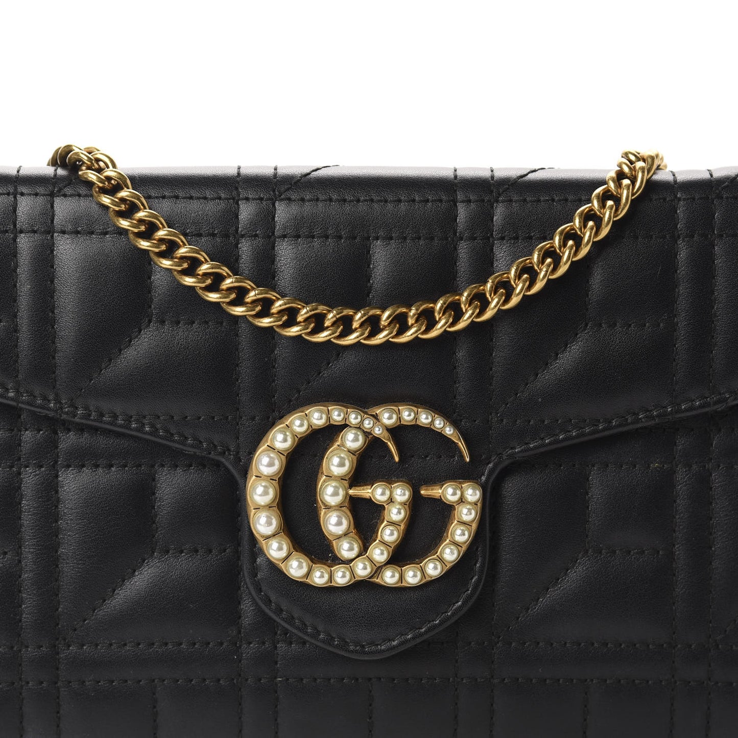 Calfskin Matelasse Mini Pearly GG Marmont Chain Wallet Black