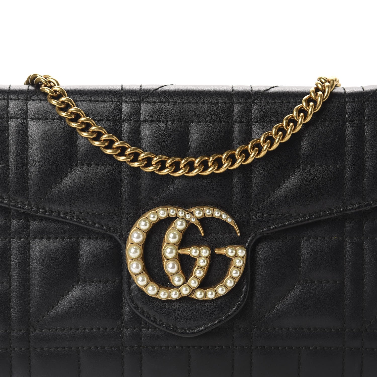 Gucci Calfskin Matelasse Mini Pearly GG Marmont Chain Wallet Black 10 of 11