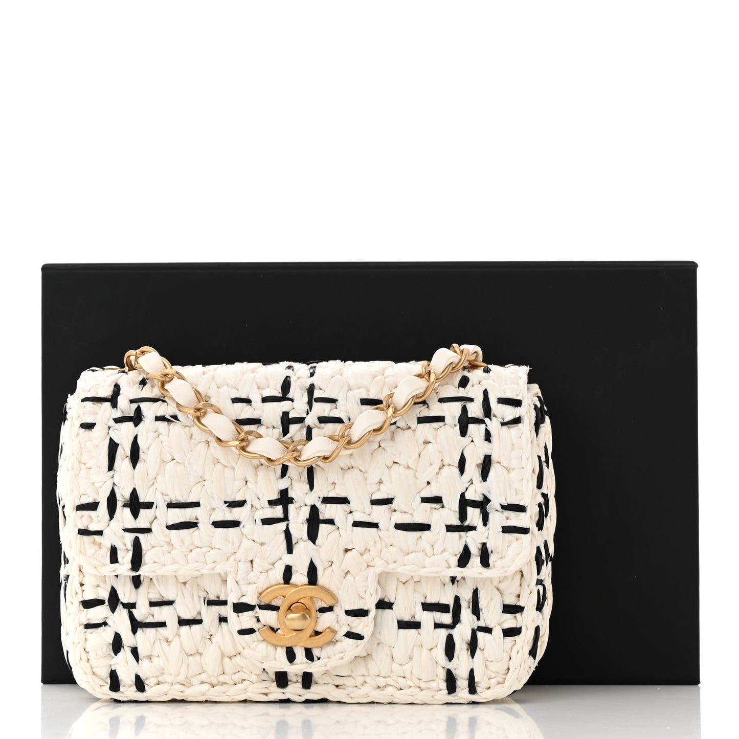 Raffia Effect Tweedy Mini Flap Bag White Black